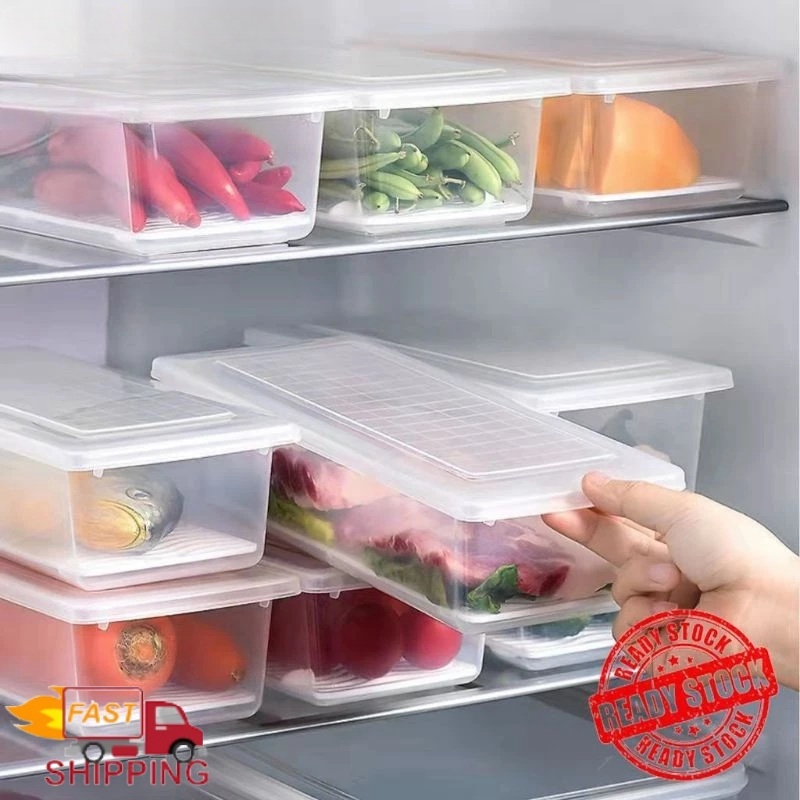 Freezer Food Storage Box Kitchen Rectangle Refrigerator Fridge Organizer Drain Container Bekas Peti Sejuk 沥水保鲜冰箱冷冻收纳盒