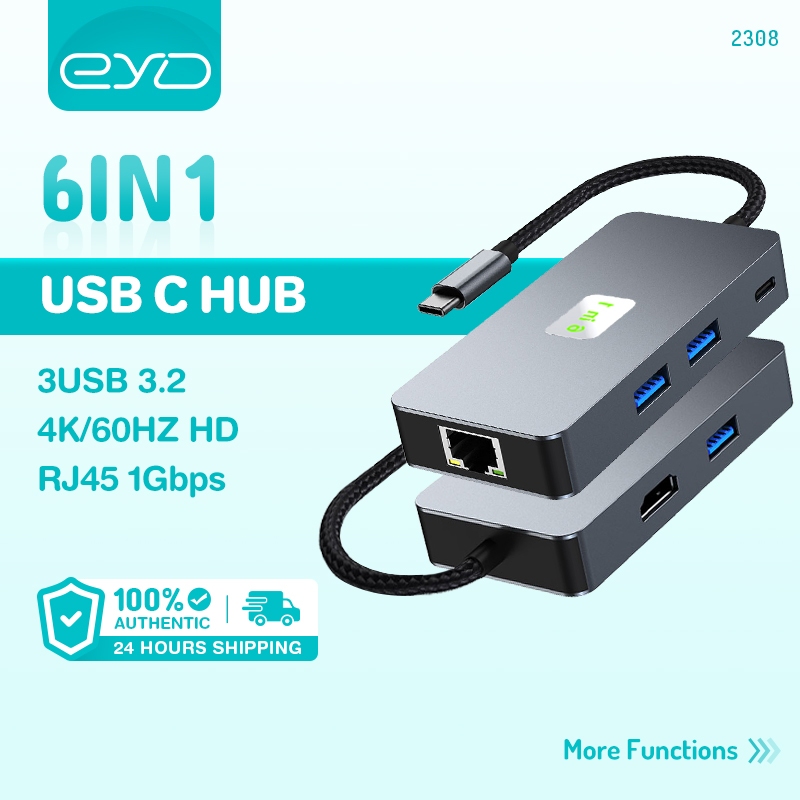 EYD 6 IN 1 HUB USB3.2 10Gbps HUB HDMI 4K/60HZ RJ45 1Gbps 100W Input Charging Docking Station USB C