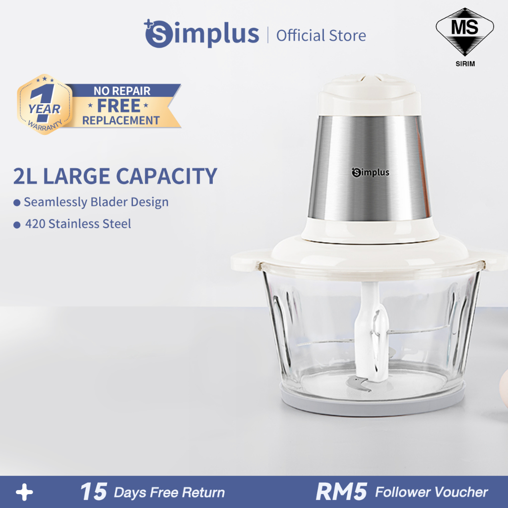 Simplus Food Processor 2L Large Capacity 300W Powerful Motor Meat Grinder Blender 2Speed 7mm Thick Glass Pengisar Daging