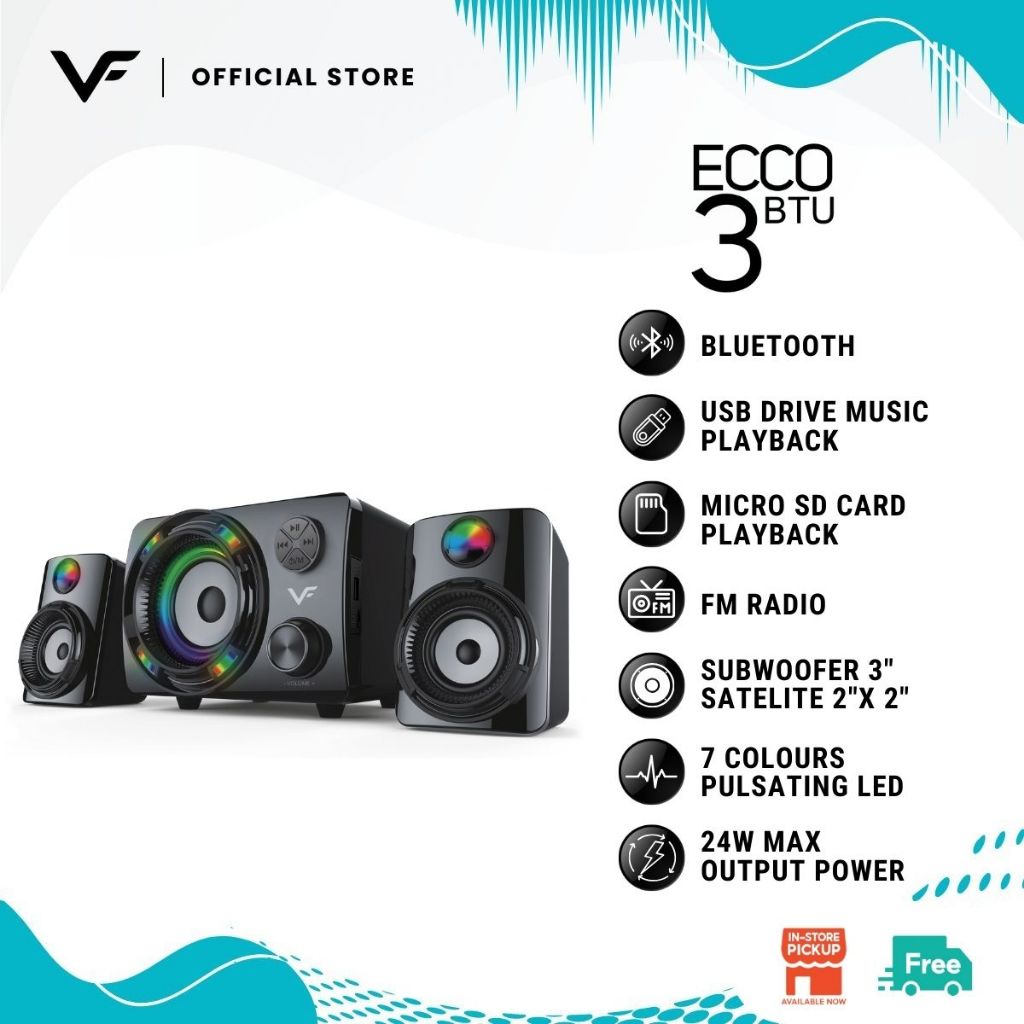 Vinnfier VF ECCO 3 BTU 2023 Bluetooth Speaker 2.1 Stereo 7 Color Pulsating LED 2.1 speaker FM Radio Micro SD card