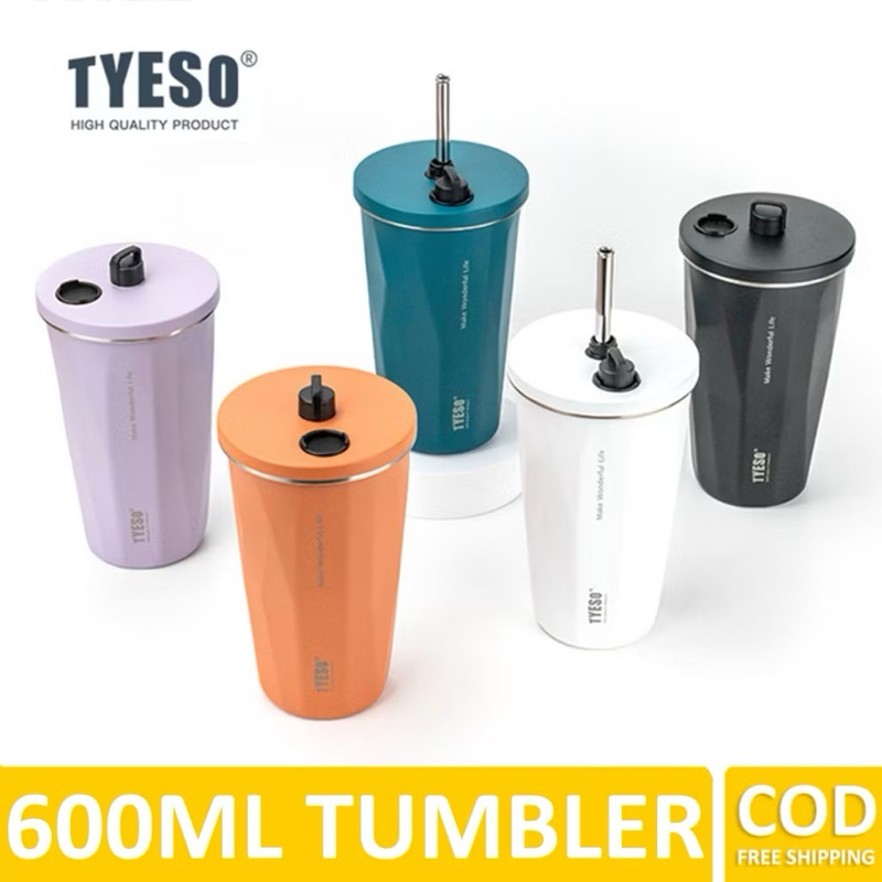 【Local Delivery】Original Tyeso Coffee Mug Vacuum Insulated Bottle Tumbler with Straw Stainless Steel Water Bottle 600ML