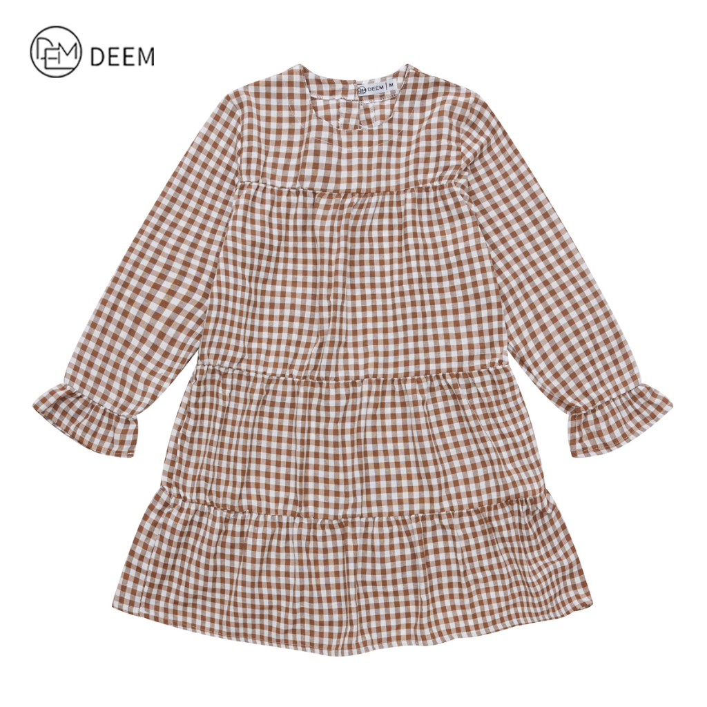 DEEM Perempuan Plaid Dress Lengan Panjang Baju Women’s Cantik Long Sleeved Casual