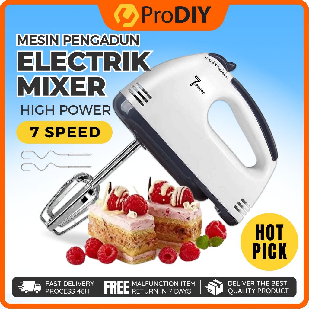 HE-133 Stainless Steel 7 Speed Electric Egg Beater Hand Mixer Chrome Dough Flour Baking Whisk Mesin Pengadun Tepung
