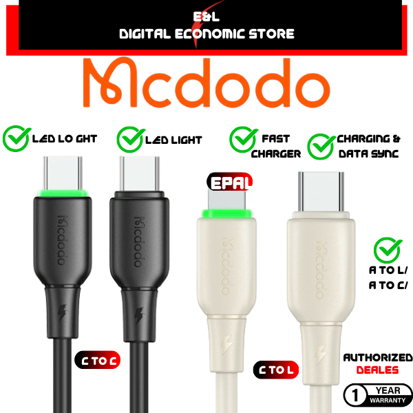 【1Yr Warranty】 MCDODO 65W Type-C to Type-C Data Cable with LED Light 1.2m Black White CA 474 477 475 476