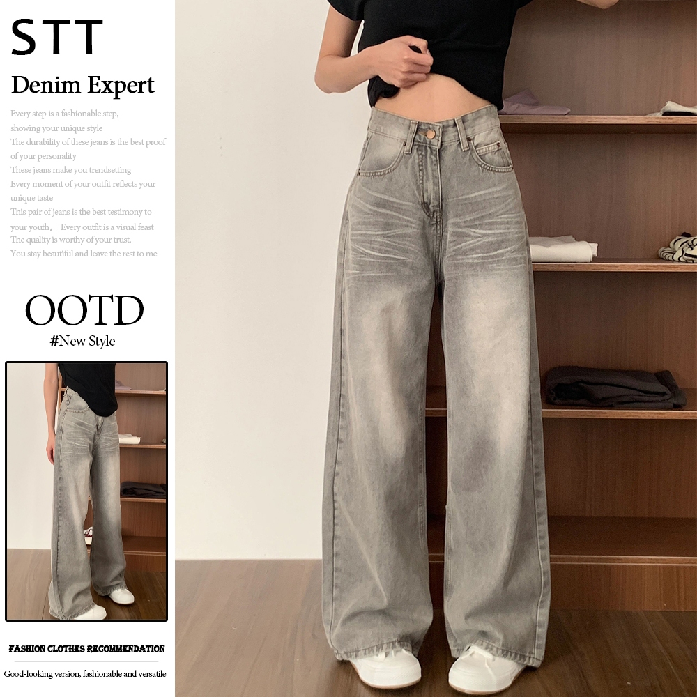 seluar jeans longgar wanita Grey high waist pants Wide leg straight trousers High quality denim Casual Pants