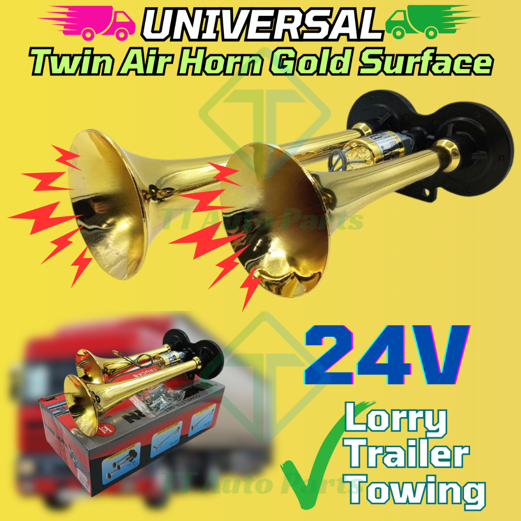 Hon Angin Gold 24V Dua Trompet Bunyi Sangat Kuat Frekuensi Tinggi Sesuai Untuk Lori Treler Trak Air Horn Gold