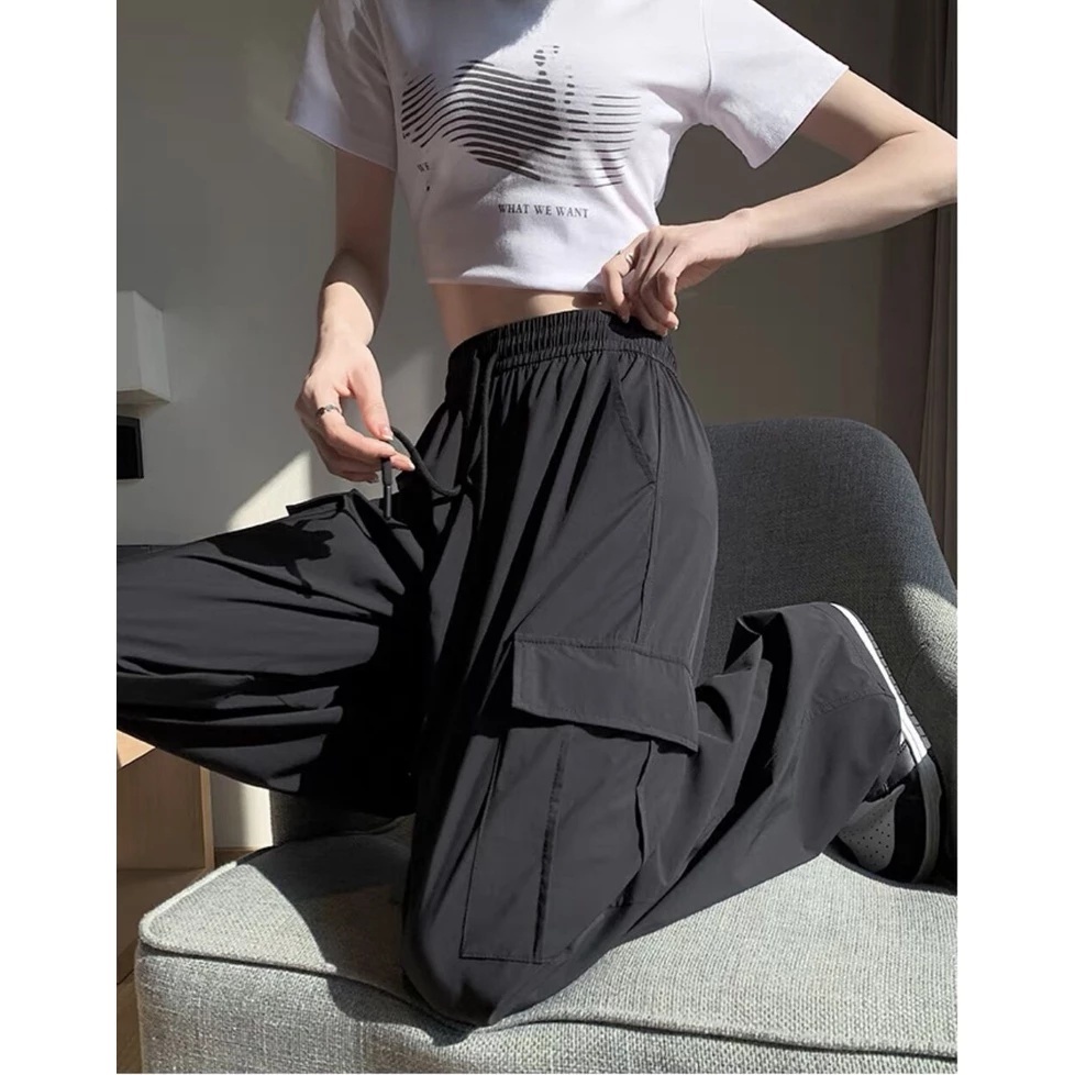 New women straight leg loose casual cargo pants side pockets drawstring elastic fashion solid color