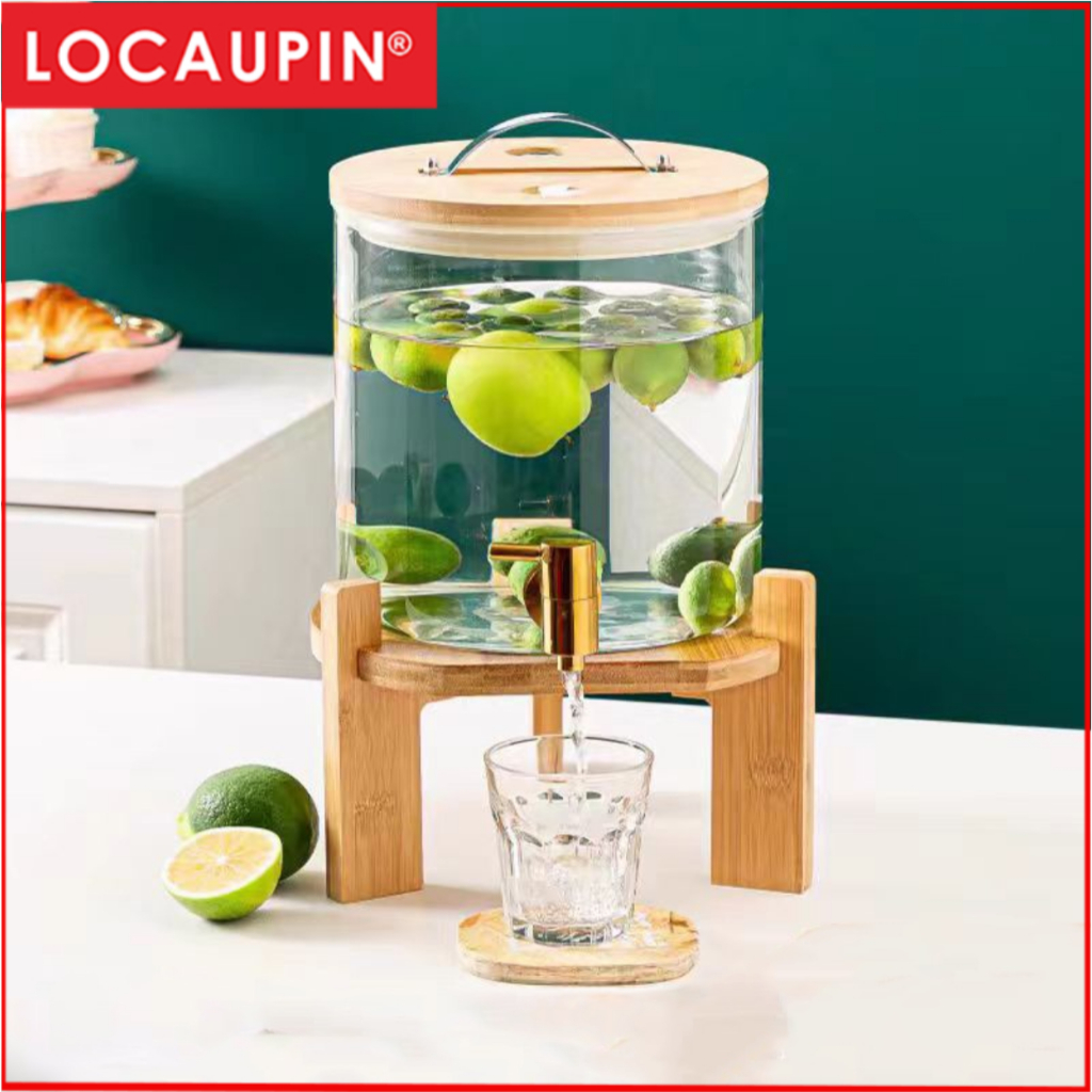 Locaupin Glass Beverage Dispenser with Gold Stainless Steel Spigot Wide Mouth Easy Filling Cold For Outdoor, Parties