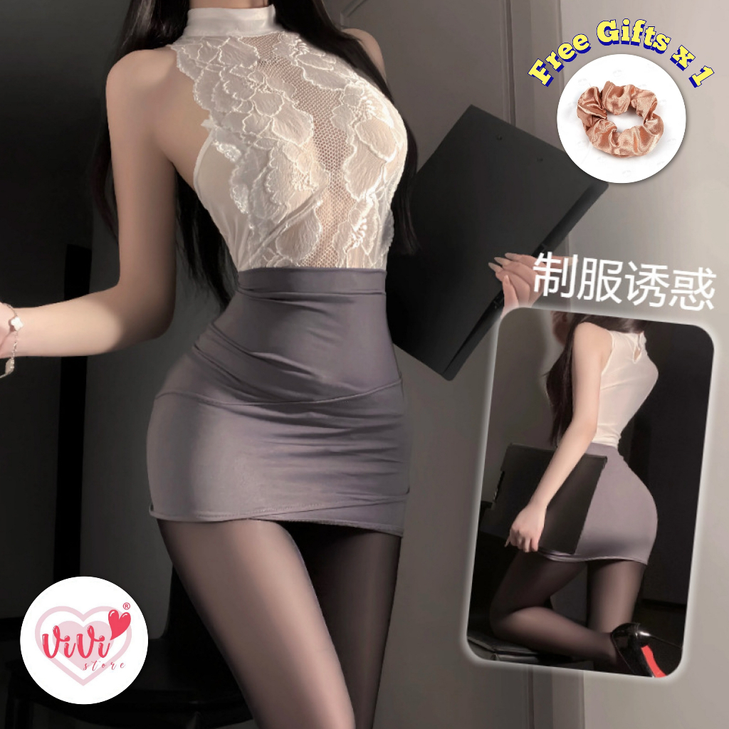 (40kg -60kg) Vivi Sexy Lingerie Cosplay Costume Secretary Lace Dress Baju Tidur Seksi Wanita 性感制服裙