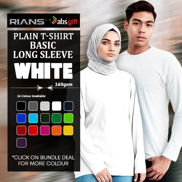 RIANS WHITE - LONG SLEEVE Plain Cotton Round Neck T-Shirt 160gsm Men / Women