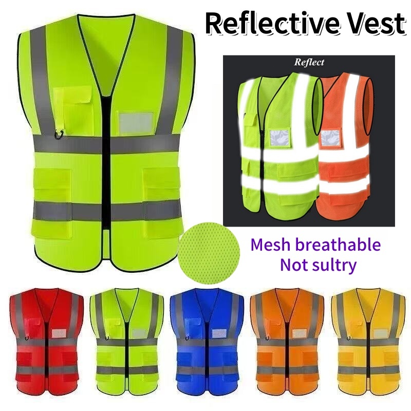 Safety Vest Security guard High Viz Reflective Vest Oxford Fabric Multi Pockets With Zipper Vest