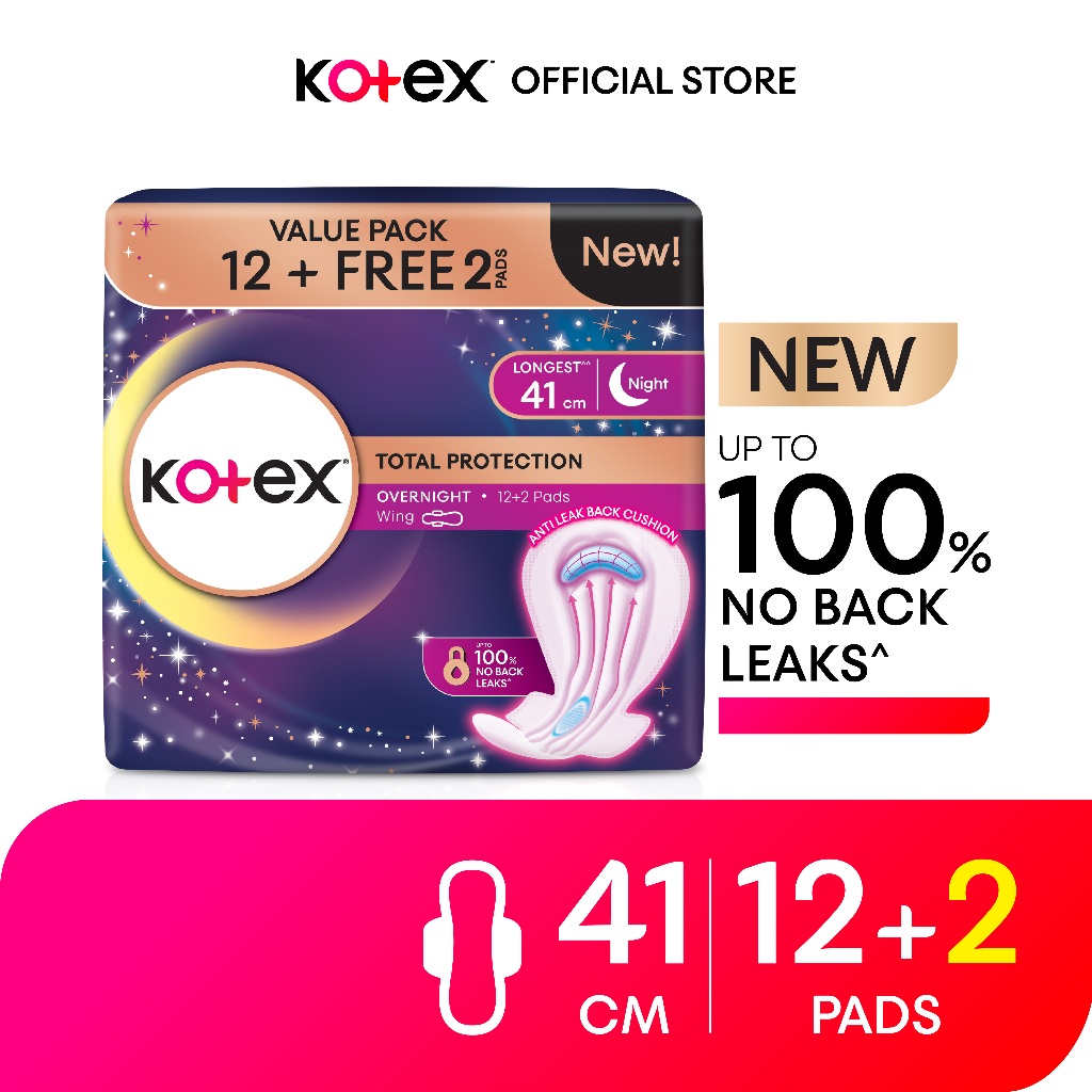 Kotex Total Protection Overnight Wing Pad 41cm - Sanitary Pad that prevents up to 100% No Back Leaks 12s+2s