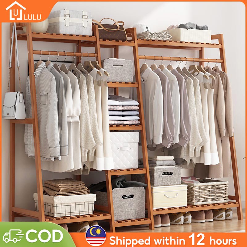 LULU Bamboo Clothes Drying Rack With Hook Hanger Wardrobe Coat Rack Cabinet 190/150CM Almari Rak Baju Penyangkut Pakaian