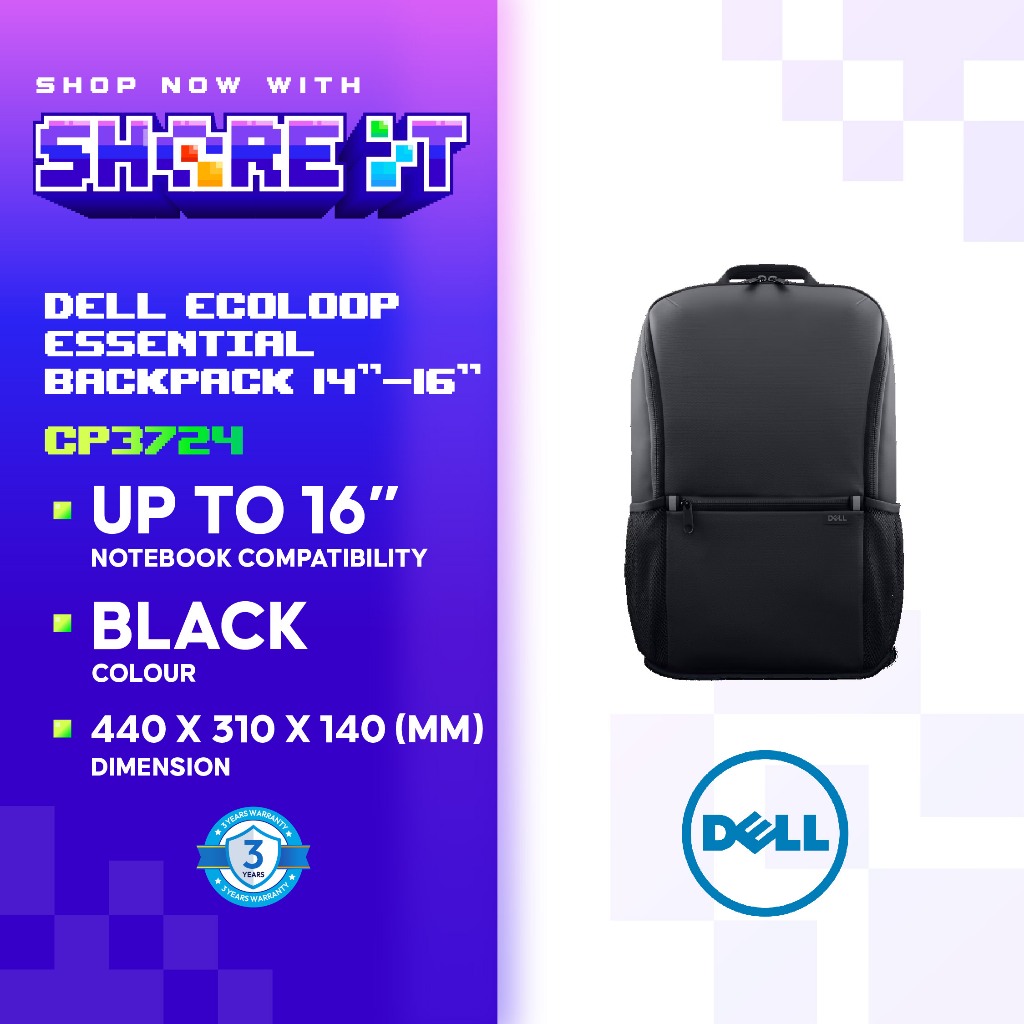 DELL EcoLoop Backpack CP3724 for 14-16” Laptops – Eco-Friendly Lightweight Water-Resistant for Work Business School