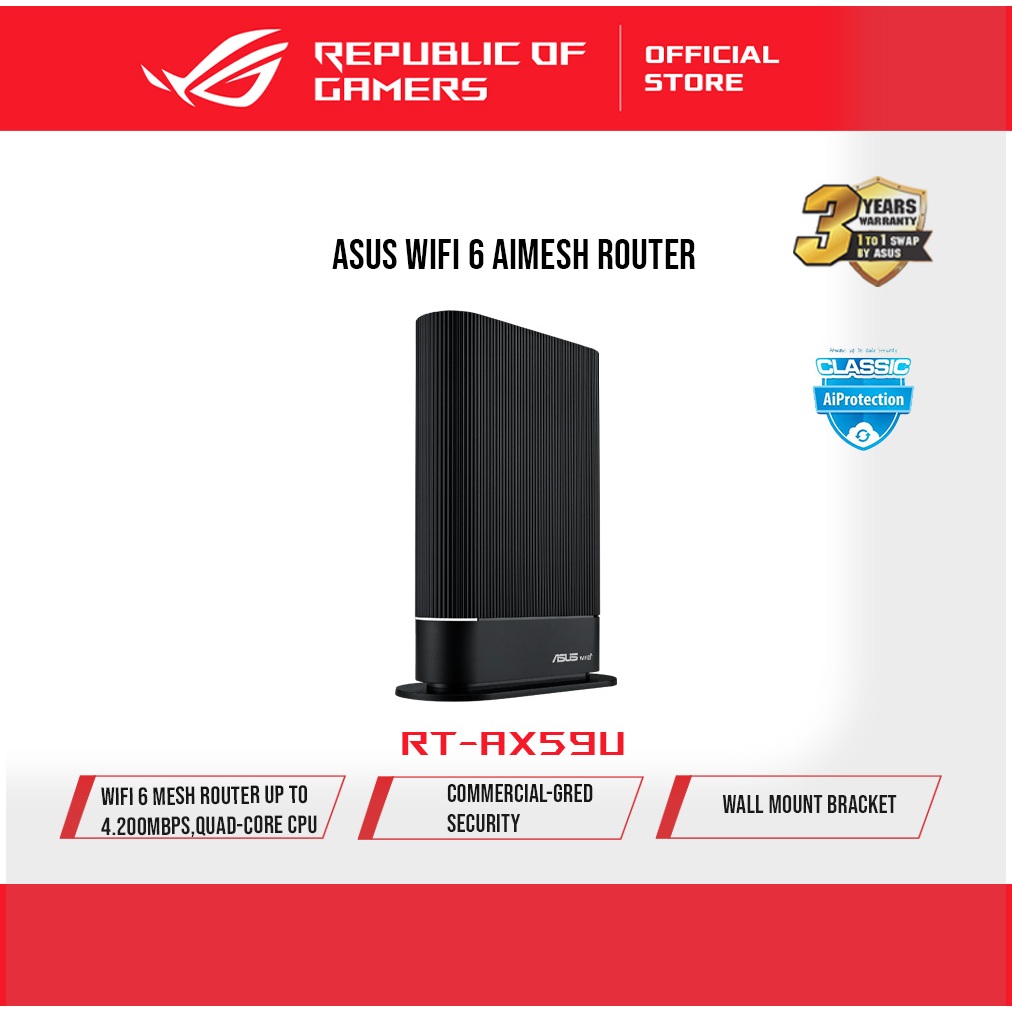 Asus AX4200 RT-AX59U Dual Band WiFi 6 (802.11ax) AiMesh Router supporting free network security with AiProtection Pro
