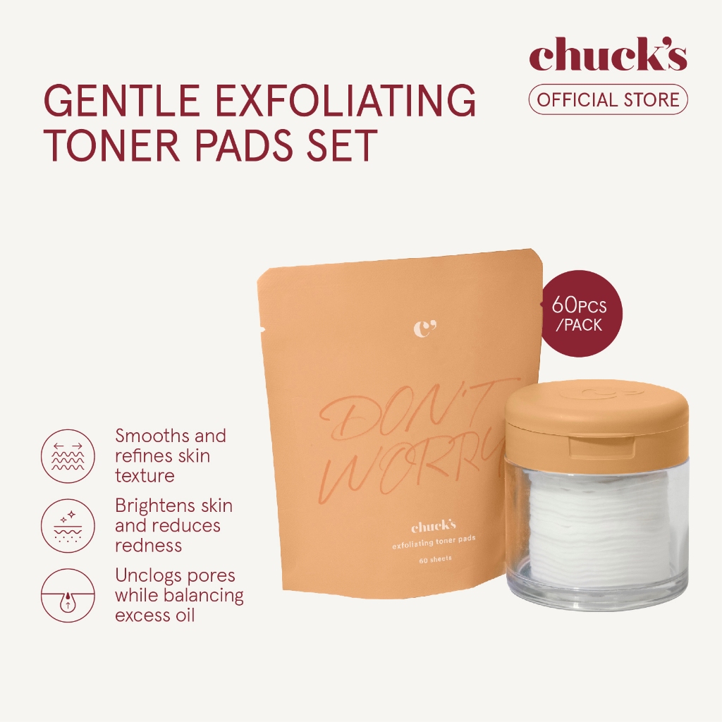 Chuck's Don't Worry Exfoliating Toner Pads Set (Tub + 60pcs Refill Pouch) - Brightens | Unclogs Pores | Smooths
