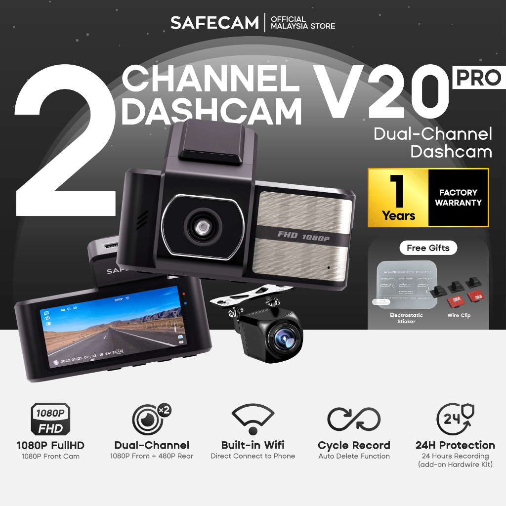 SAFECAM V20 Pro Front Rear Cam Dual Cameras Full HD 1080P WIFI Dashcam Night Vision App Control