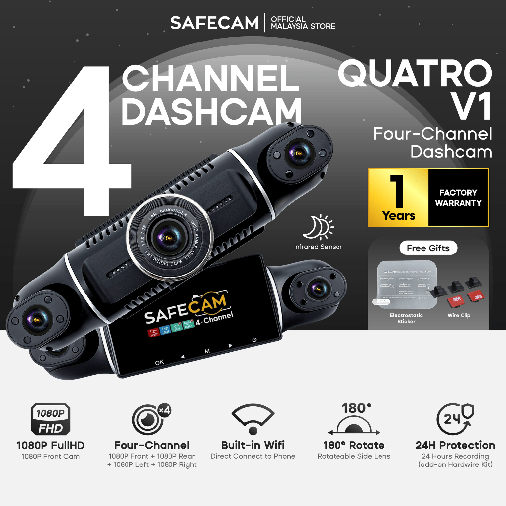 SAFECAM QuatroV1 4-Channel Dashcam FHD 1080P + 1080P + 1080P + 1080P Built-in WIFI 24-H Time Lapse Infrared Cabin