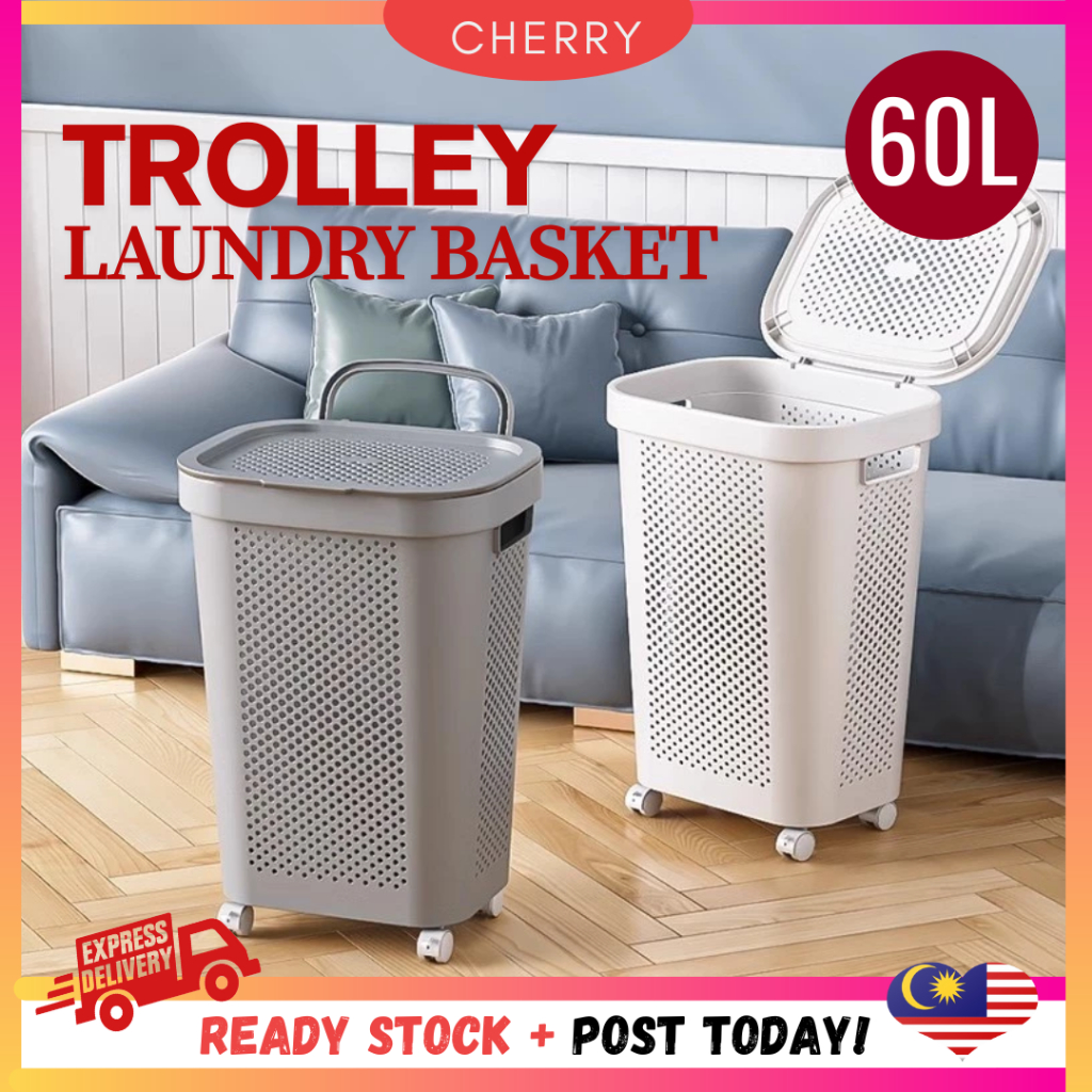 🍒CHERRY🍒 60L Japanese Style Dirty Clothes Basket Laundry Basket Bakul Baju With Cover