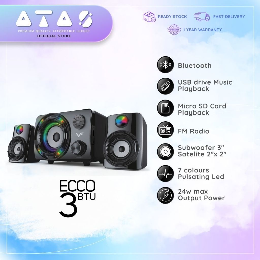Vinnfier VF ECCO 3 BTU 2023 Bluetooth Speaker 2.1 Stereo 7 Color Pulsating LED 2.1 speaker FM Radio Micro SD card