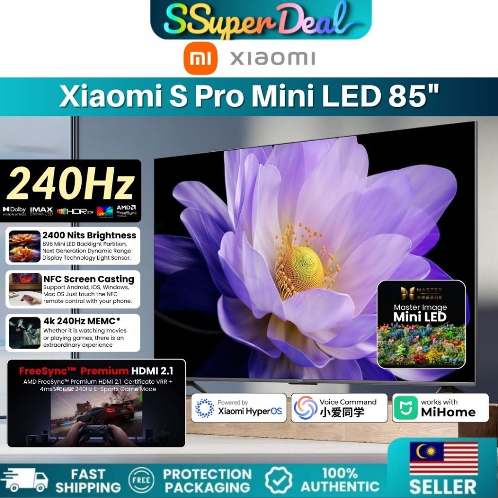 Xiaomi TV S Pro Mini LED 65" | 75" | 85" Smart Android TV Master 4K UHD 2.1 NFC 144Hz Gamming Free Sync MEMC HyperOS