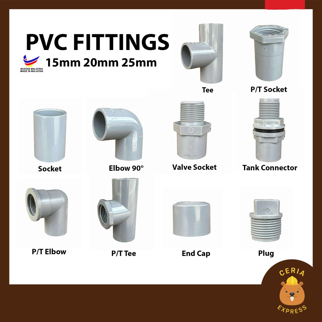 PVC Pipe Fitting 15mm 20mm 25mm Socket Tank Connector Elbow Joint Plug End Cap Valve Socket PT Tee Grey Penyambung