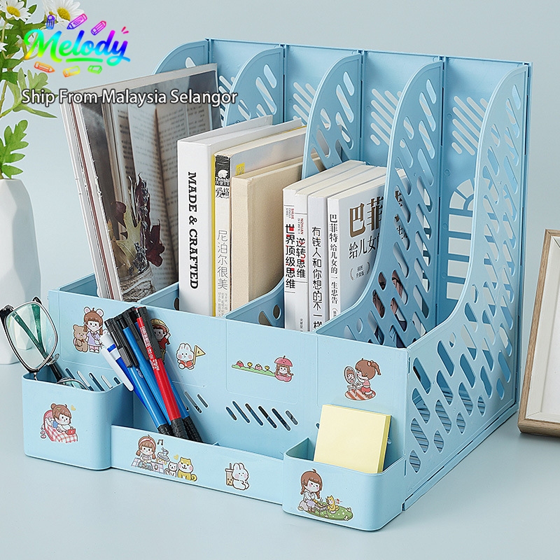 File Rack 3/4 Sections Stand HolderPlastic File Frame Storage Rack Bookshelf Desktop Data Organizer