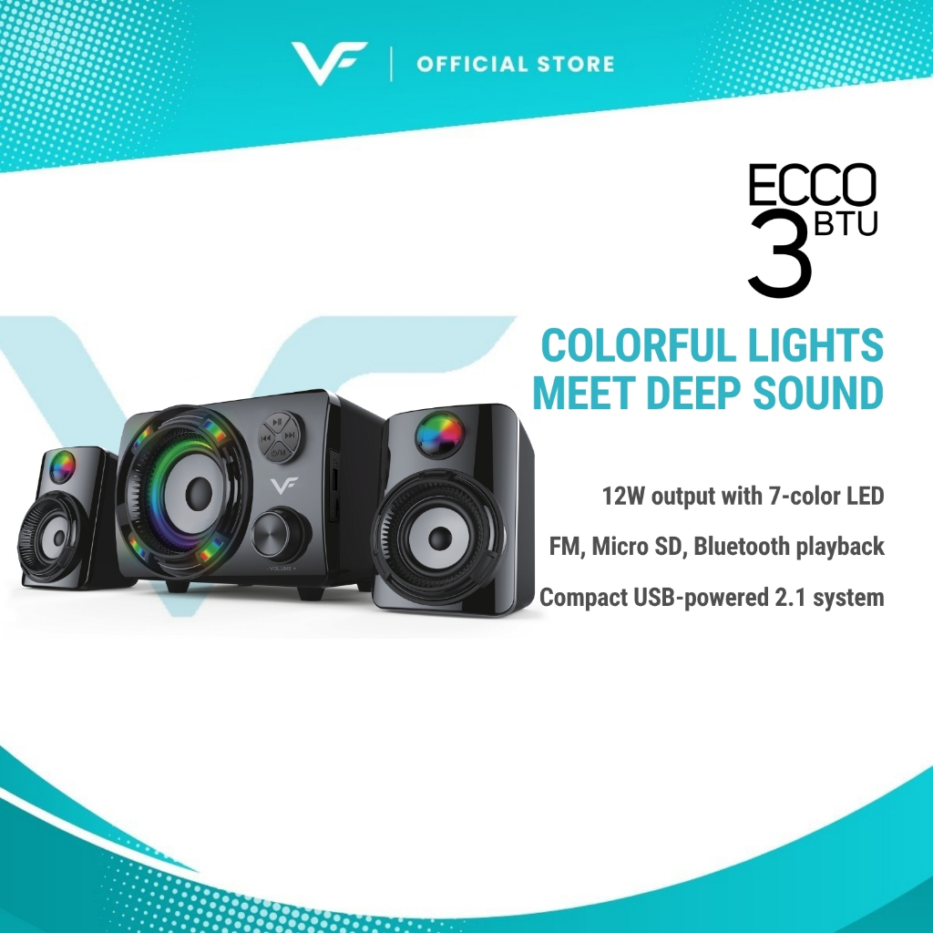 Vinnfier VF ECCO 3 BTU 2023 Bluetooth Speaker 2.1 Stereo 7 Color Pulsating LED 2.1 speaker FM Radio Micro SD card