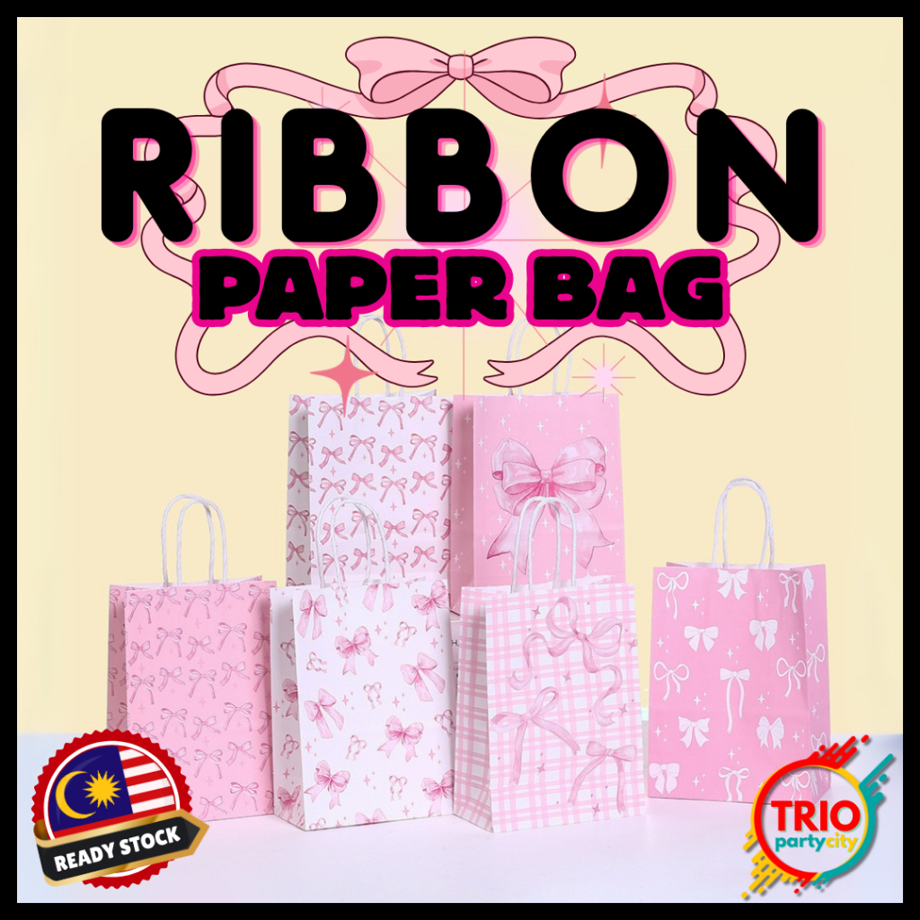 Paper Bag Ribbon Bow Pink Goodies Party Bag