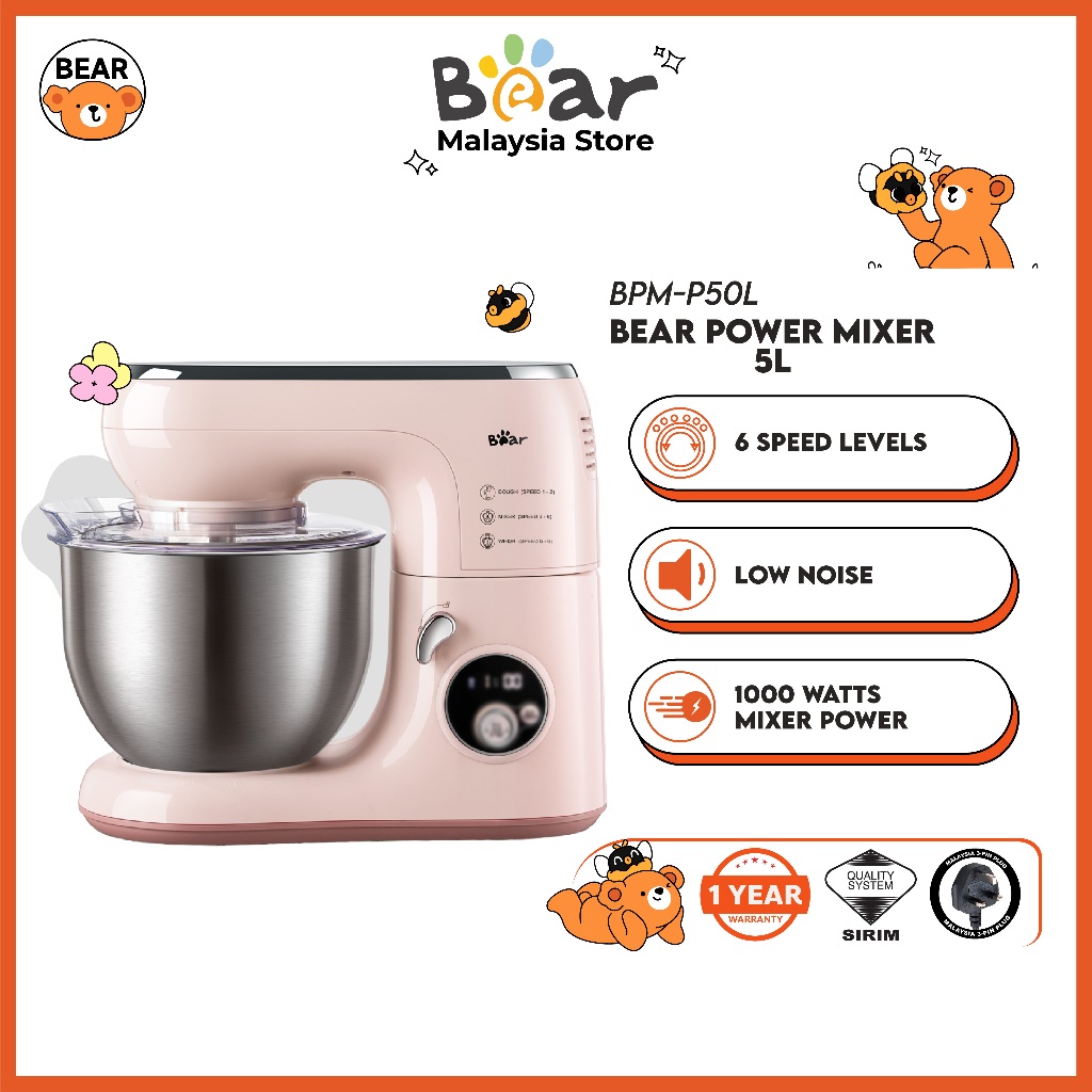 Bear Stand Mixer High-Torque & High-Speed Power Blender Stainless Steel (5L) BPM-P50L Dough Mixer Mesin Roti