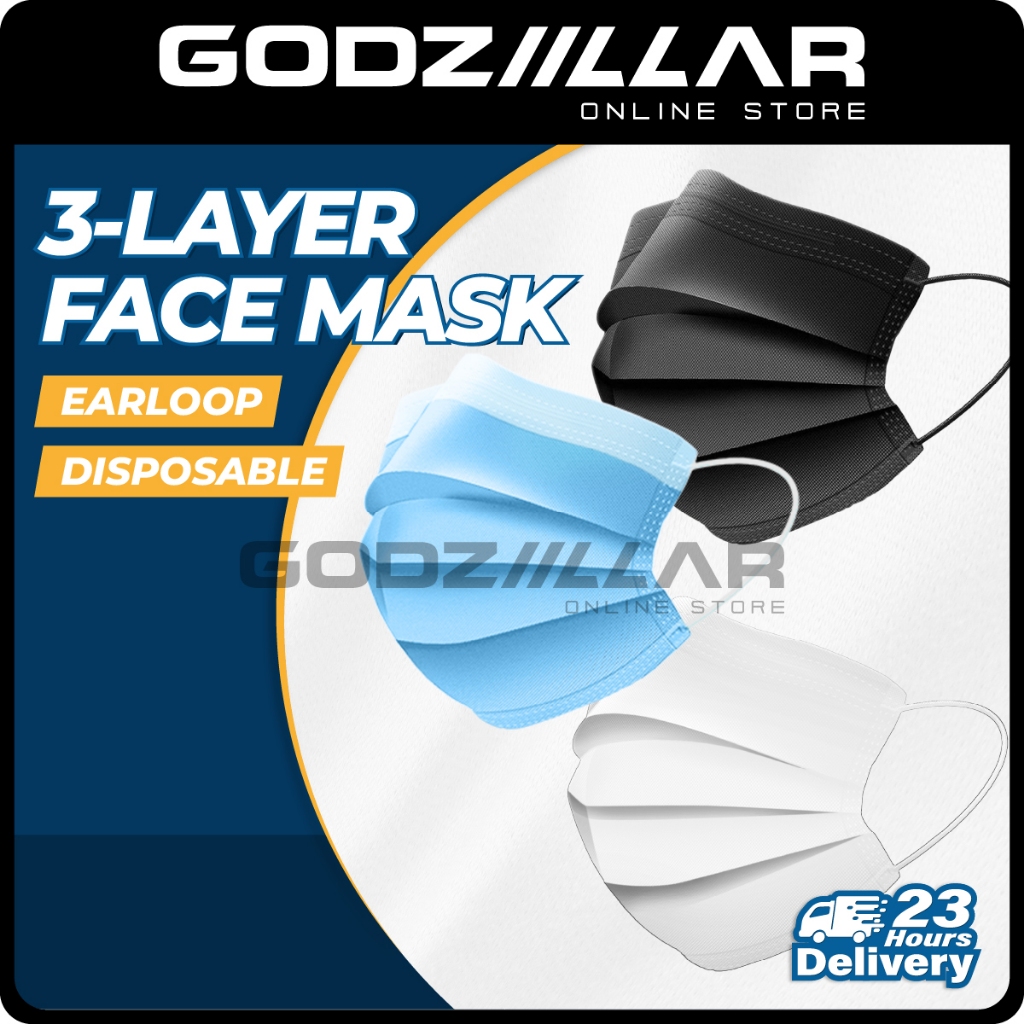 3ply Face Mask | Earloop | Blue / Black / White | Ship From Selangor