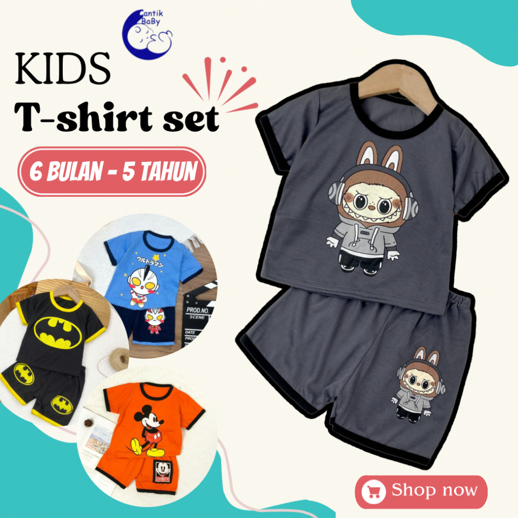 CantikBaby Malaysia Seller Kids T Shirt BOY Set Short Sleeve+Short Pants Budak Lelaki Perempuan Baju Kanak Kanak Harian