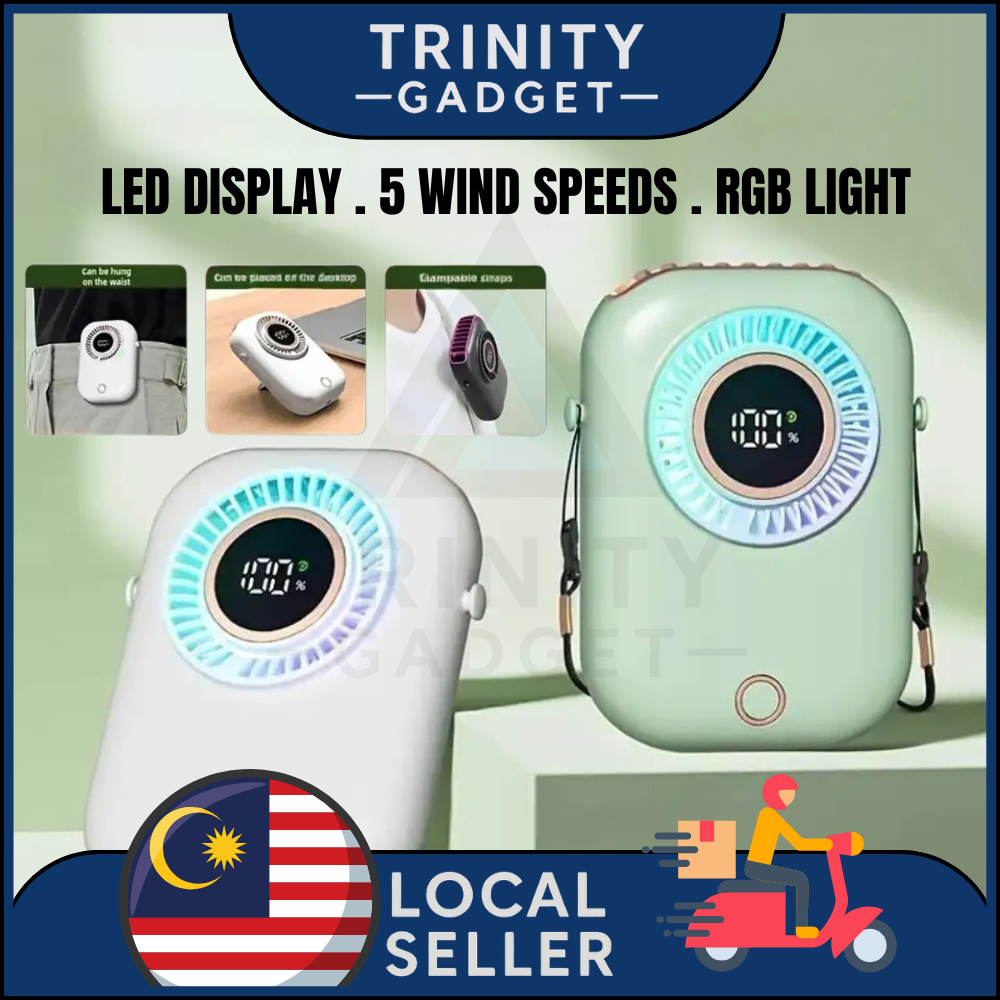 TC-013 Kipas Mini Mudah Alih 5 Kelajuan – Gantung Leher, Tanpa Bilah, Kipas Klip Pinggang, Lampu RGB, Kipas Meja