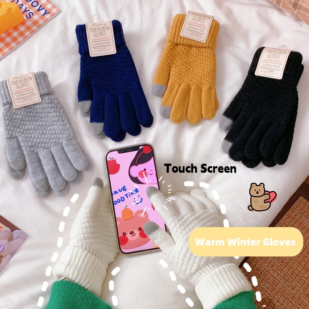 Winter Touch Screen Gloves Warm Stretch Knit Wool Full Finger Gloves Couple Autumn Cycling Warm