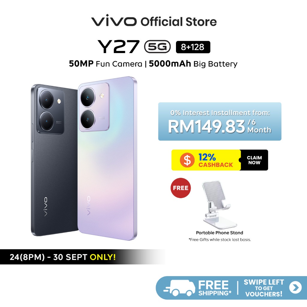 vivo Y27 5G Smartphone 8+8GB EXTENDED RAM+128GB ROM, 5000mAh, 50MP Fun Camera, 6.64"FHD+ Sunlight Display