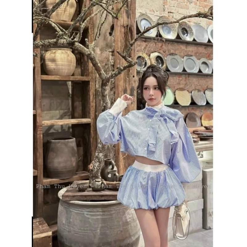 Women’s Skirt Set Butterfly collar crop top shirt mixed with 2-layer flared shirt Korean style hot girl standard G140