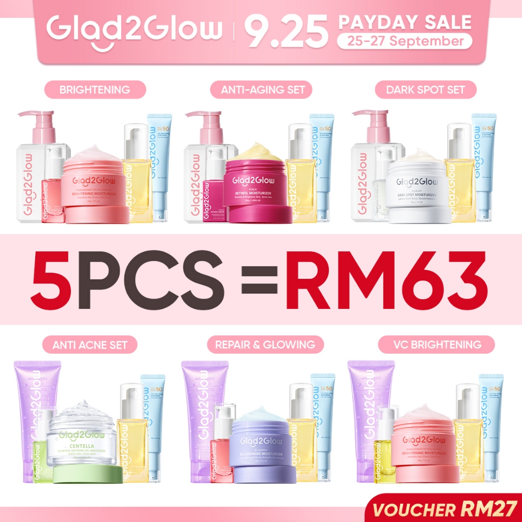 Glad2Glow 5In1 Brightening Cleansing Repair Acne Set Cleanser/Toner/Serum/Moisturizer/Sunscreen（40g）/Skincare (5Pcs)