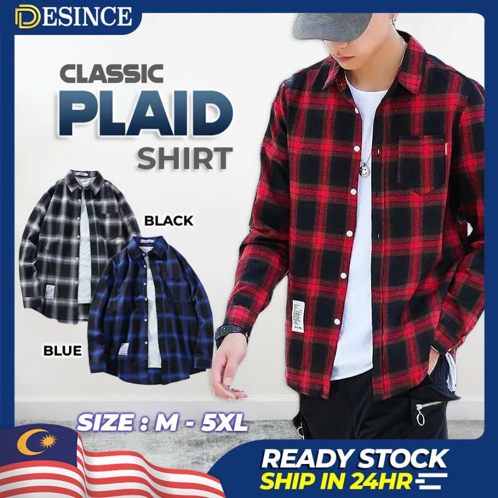 DESINCE Men Shirt Checker Shirt Trendy Korean Style Top Baju Lelaki Kemeja Lelaki Black Blue Red Shirt MT 016