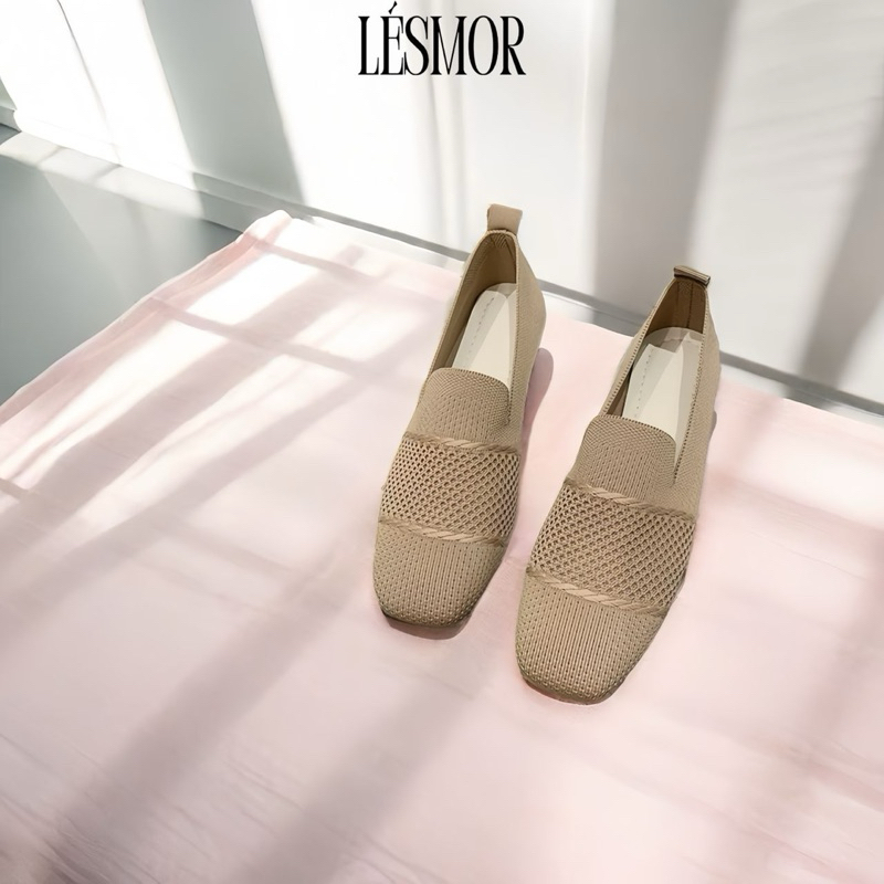 Comfy knit material soft rubber square toe cover flat shoes kasut perempuan