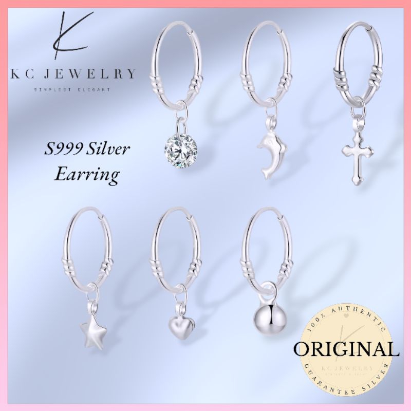 KC Jewelry S999 - Minimalist Ball/Star/Love/Cross/Dolphin/Diamond Drop Hoop Earrings