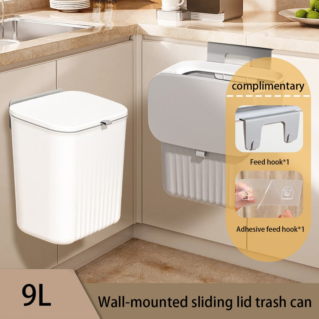 Upgraded kitchen cabinet wall hanging trash can sliding cover 9L hanging plastic garbage trash can