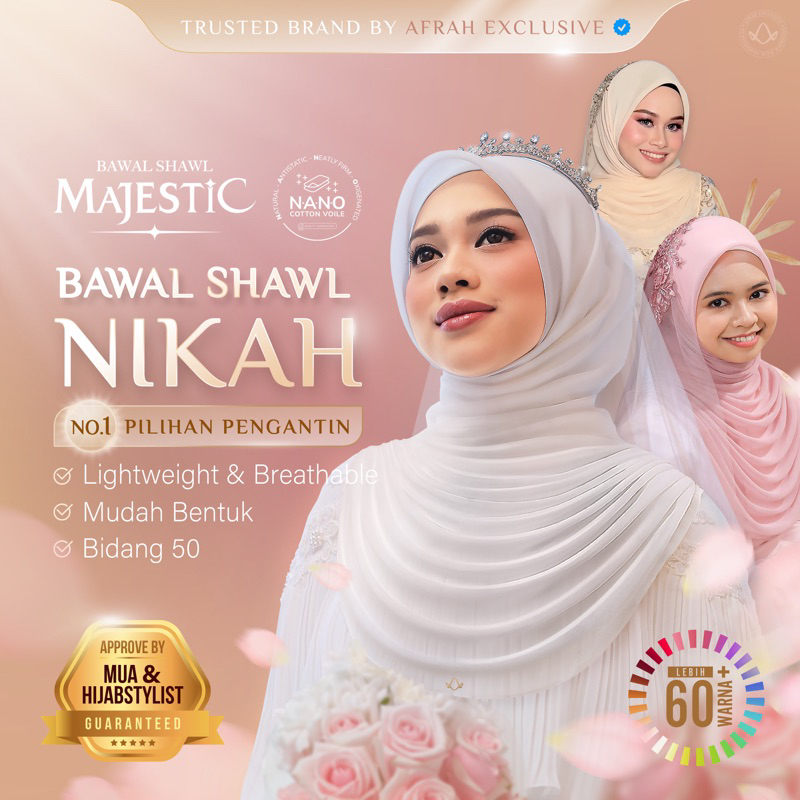 BIDANG 50 : BAWALSHAWL NIKAH MAJESTIC Tudung Bawal Nikah Cotton Mudah Bentuk Tudung Nikah Pengantin selesa