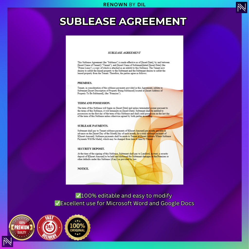 Sublease Agreement | Persetujuan Sewa Semula | Legal Document Template Surat Perjanjian