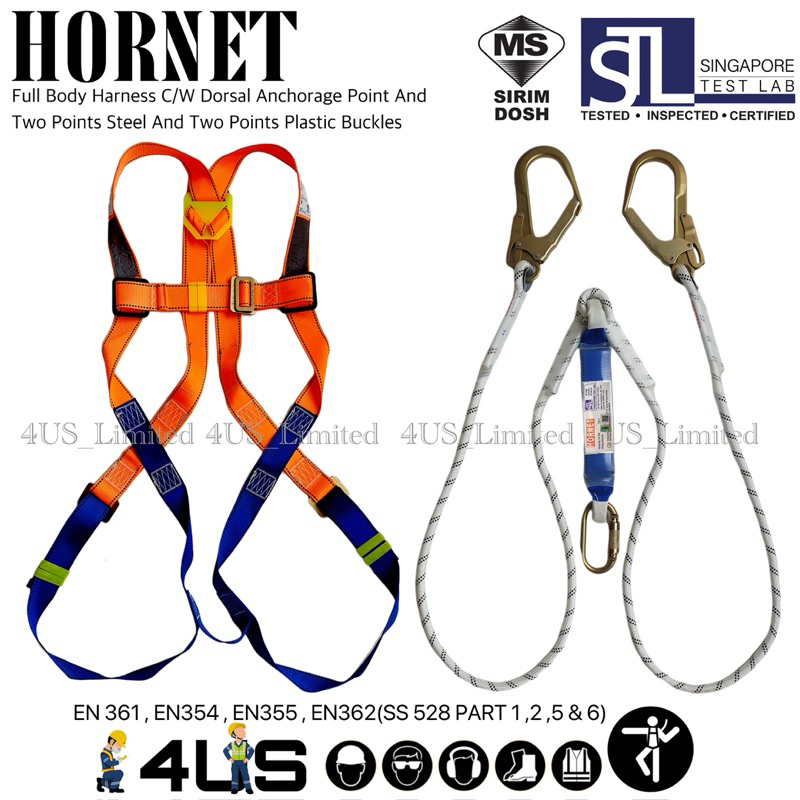 HORNET SAFETY FULL BODY HARNESS FALL PROTECTION WITH POLYAMIDE LANYARD LARGE HOOK & ABSORBER | SIRIM & DOSH