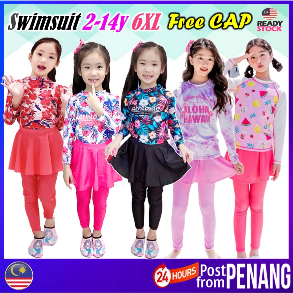 [#7] PENANG STOCK🌸Free Cap Kid Girl Muslimah Swimming Suits Swimsuits Swimwear Baju Renang Mandi Budak Perempuan 女童长袖裤裙
