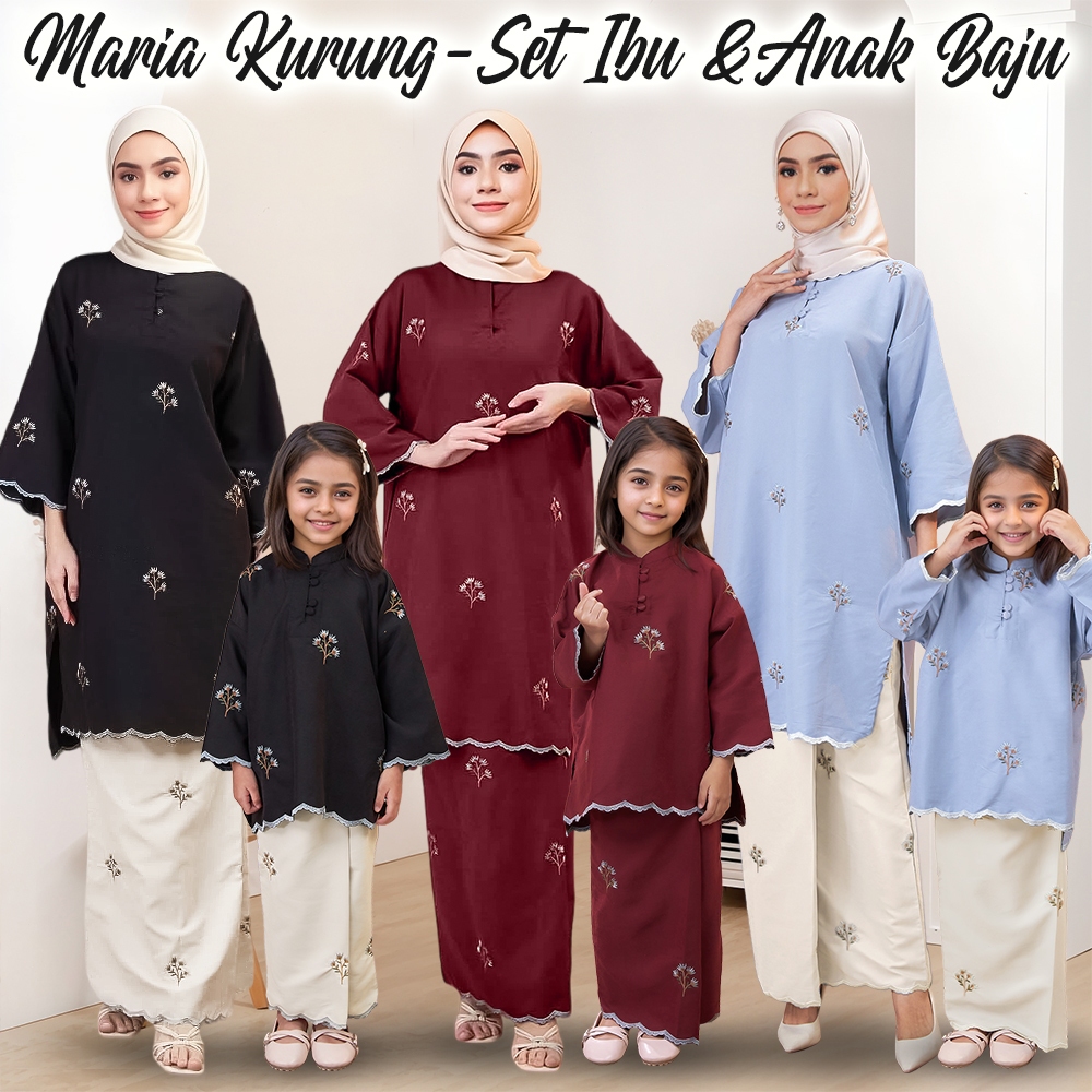 MARIA KURUNG Set Ibu Dan Anak Perempuan Baju Kurung Budak Perempuan Kurung Muslim Set Baju Raya Sulam 2025