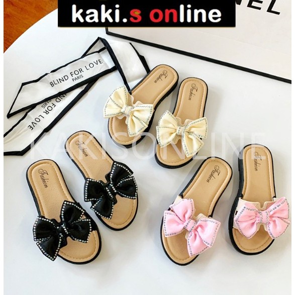 [KAKIS.ONLINE] Cantik Mewah Selipar Kanak Kanak Perempuan Berlian Comel Ribbon Diamond Kid Dot Outdoor
