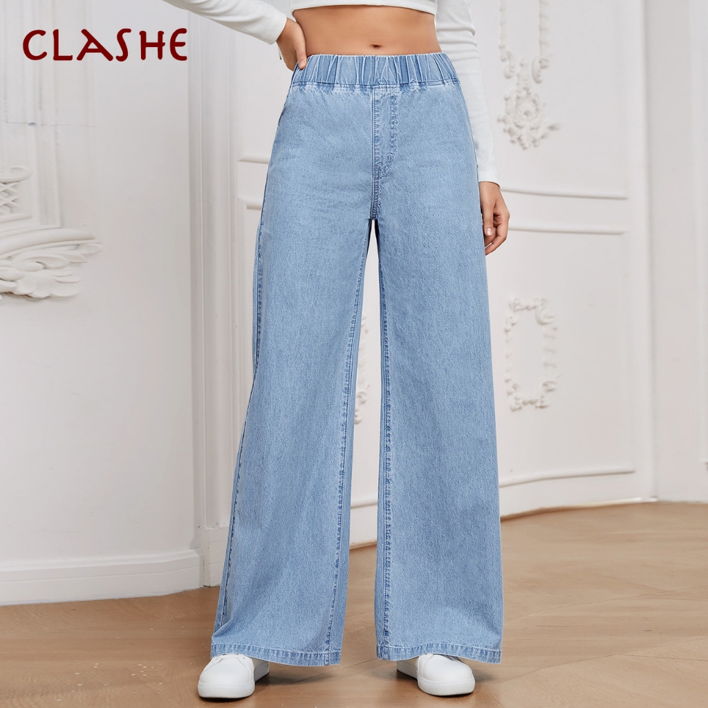 Clashe Palazzo JEANS Women Elastic Waistband Casual Plus Size S-10XL Denim Pants Wanita Solid Color Celana Baggy Jeans