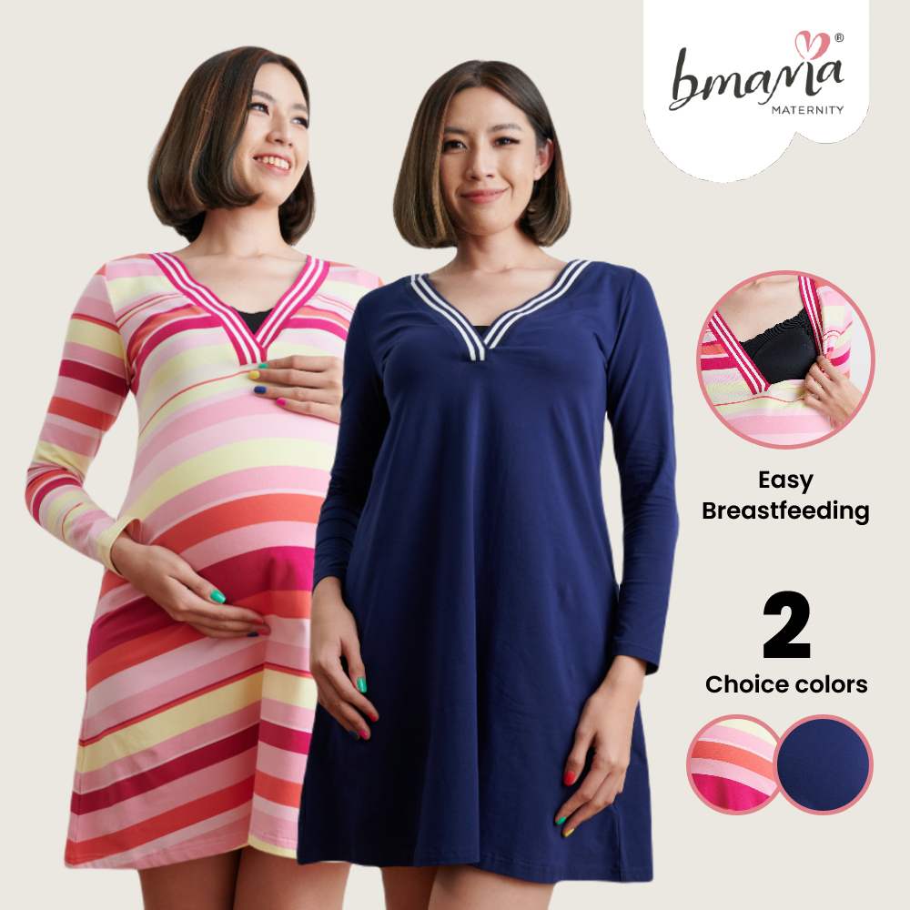 Bmama 2 Tone Pregnant Long Sleeve Pregnant Maternity Dresses Nursing Clothes Baju Mengandung