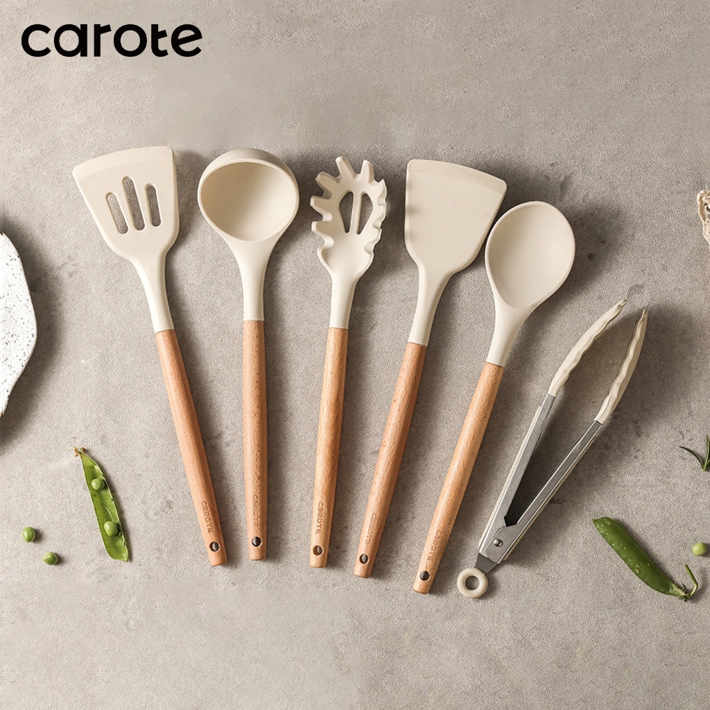 CAROTE Wooden Handle Slotted White color Non-stick Food Grade Silicone Kitchen Utensils